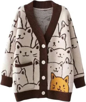 ebossy Women's Kawaii Cartoon Cat Cardigan Japanese Aesthetic Button Down Jacquard Knit Sweater Coat