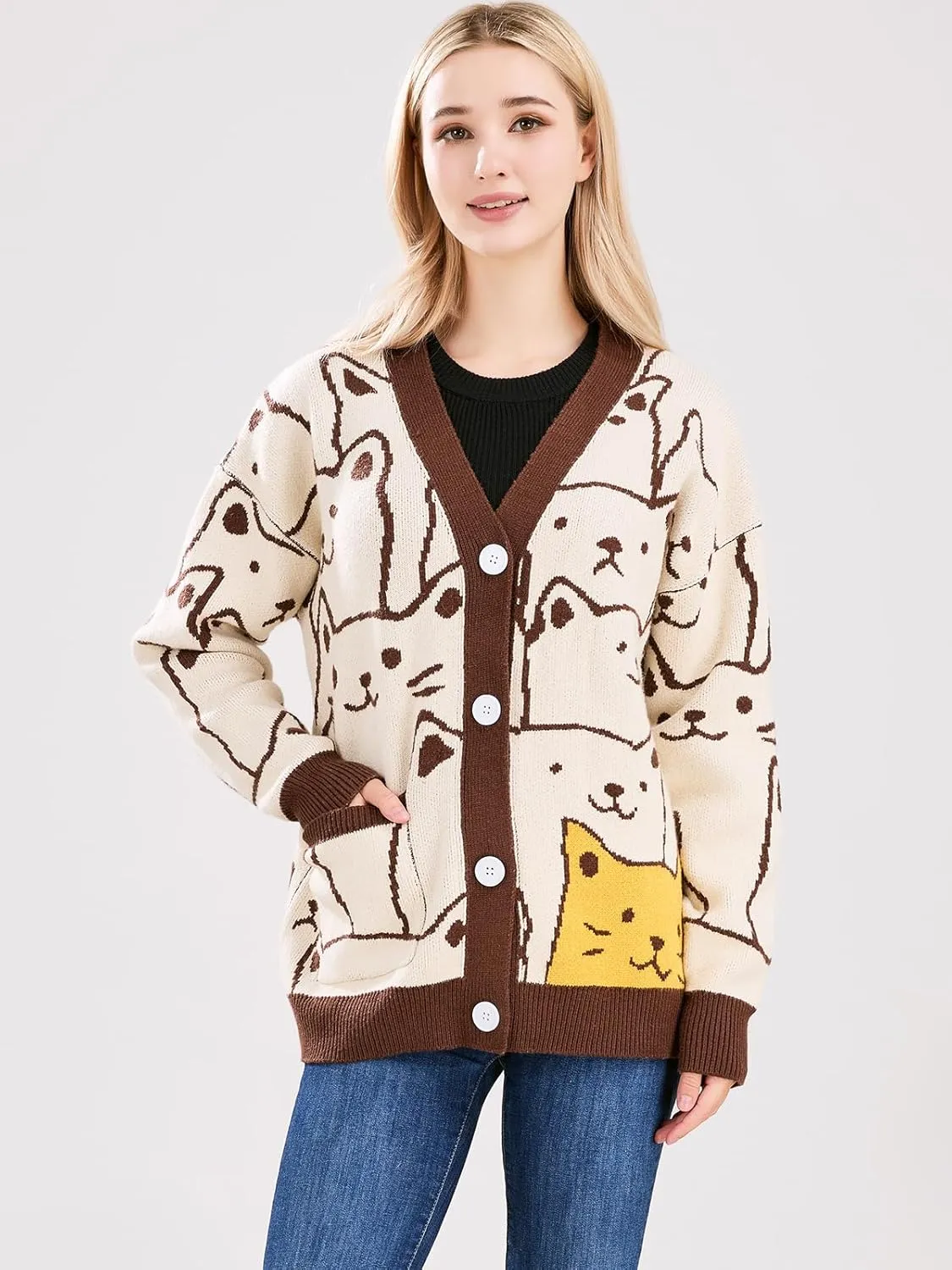 ebossy Women's Kawaii Cartoon Cat Cardigan Japanese Aesthetic Button Down Jacquard Knit Sweater Coat