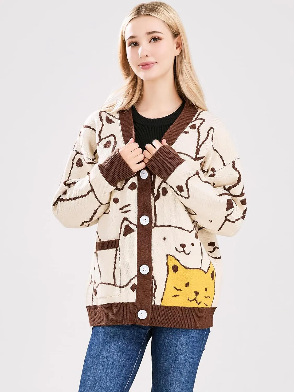 ebossy Women's Kawaii Cartoon Cat Cardigan Japanese Aesthetic Button Down Jacquard Knit Sweater Coat