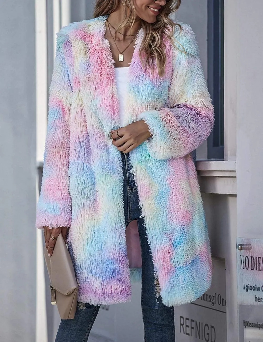 ECDAHICC Women's Rainbow Tie Dye Fuzzy Fleece Long Sleeves Jackets Wool Faux Fur Teddy Bear Long Cardigan Coat Outwear