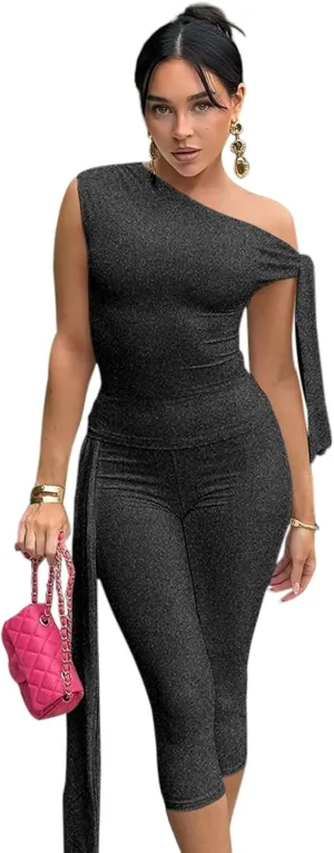Elainone Capri Sets Women 2 Piece Outfits Sexy One Shoulder Sleeveless Crop Tops Bodycon Pant Sets