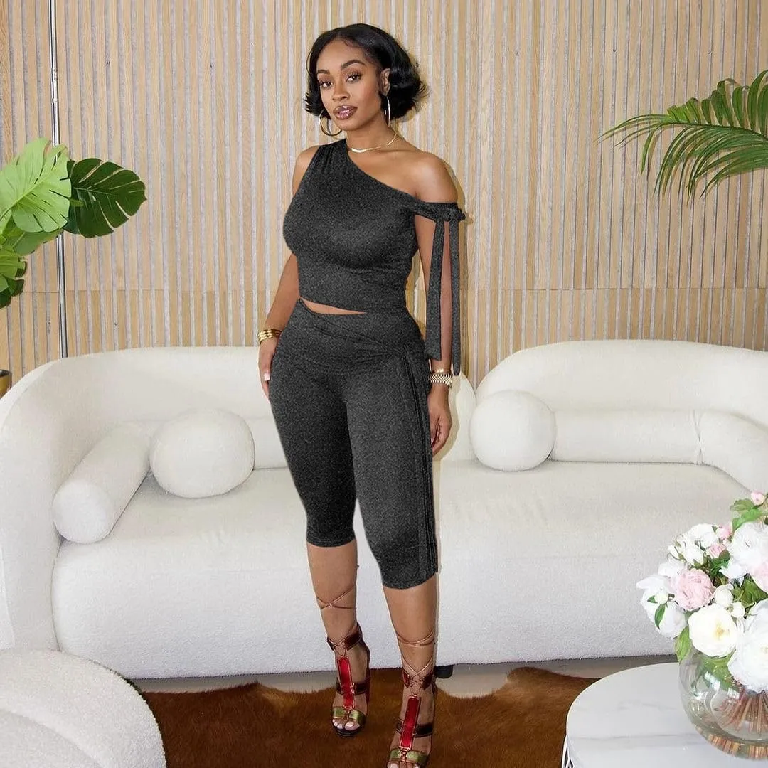 Elainone Capri Sets Women 2 Piece Outfits Sexy One Shoulder Sleeveless Crop Tops Bodycon Pant Sets