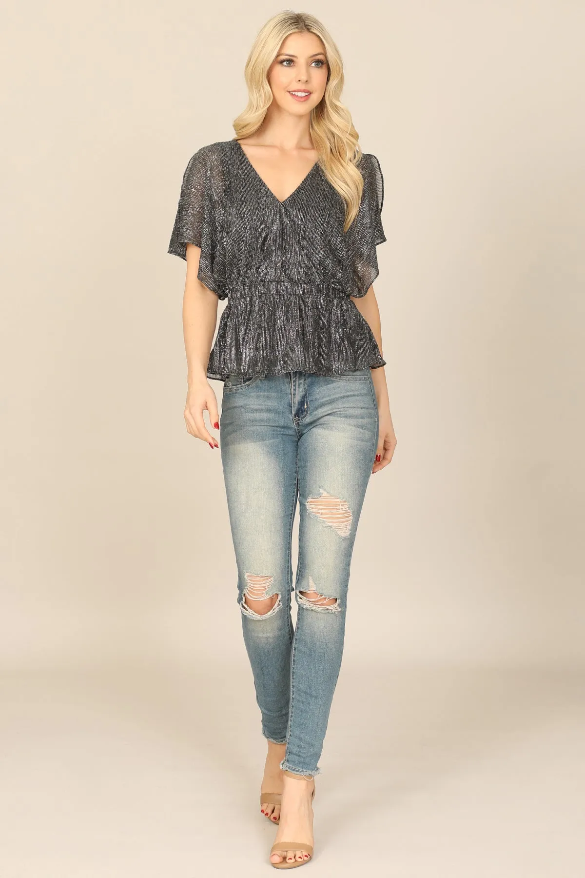 ELASTIC PEPLUM SHINY WRAP TOP