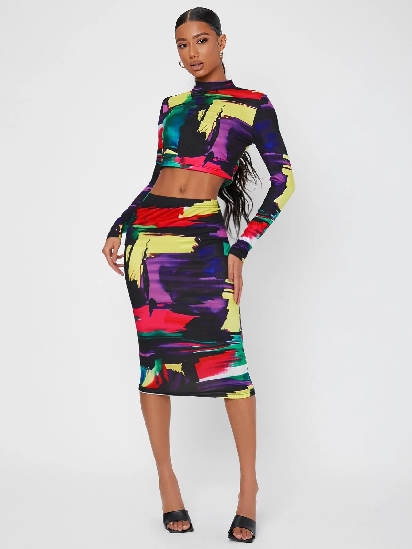 Elegant Graphic Long Sleeve Stand Collar Women Two-Piece Outfits