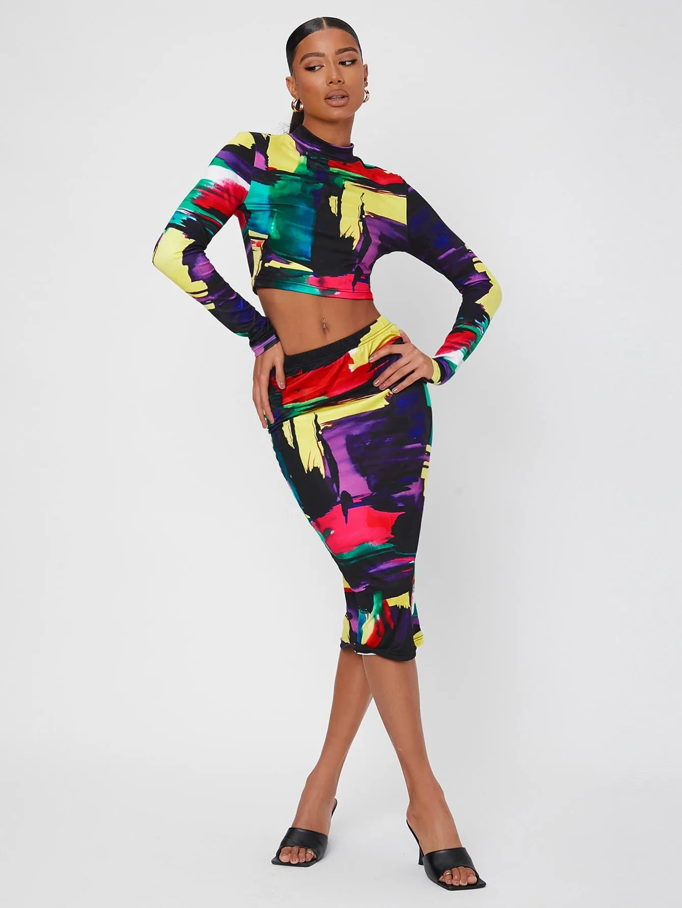 Elegant Graphic Long Sleeve Stand Collar Women Two-Piece Outfits