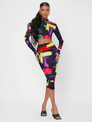 Elegant Graphic Long Sleeve Stand Collar Women Two-Piece Outfits
