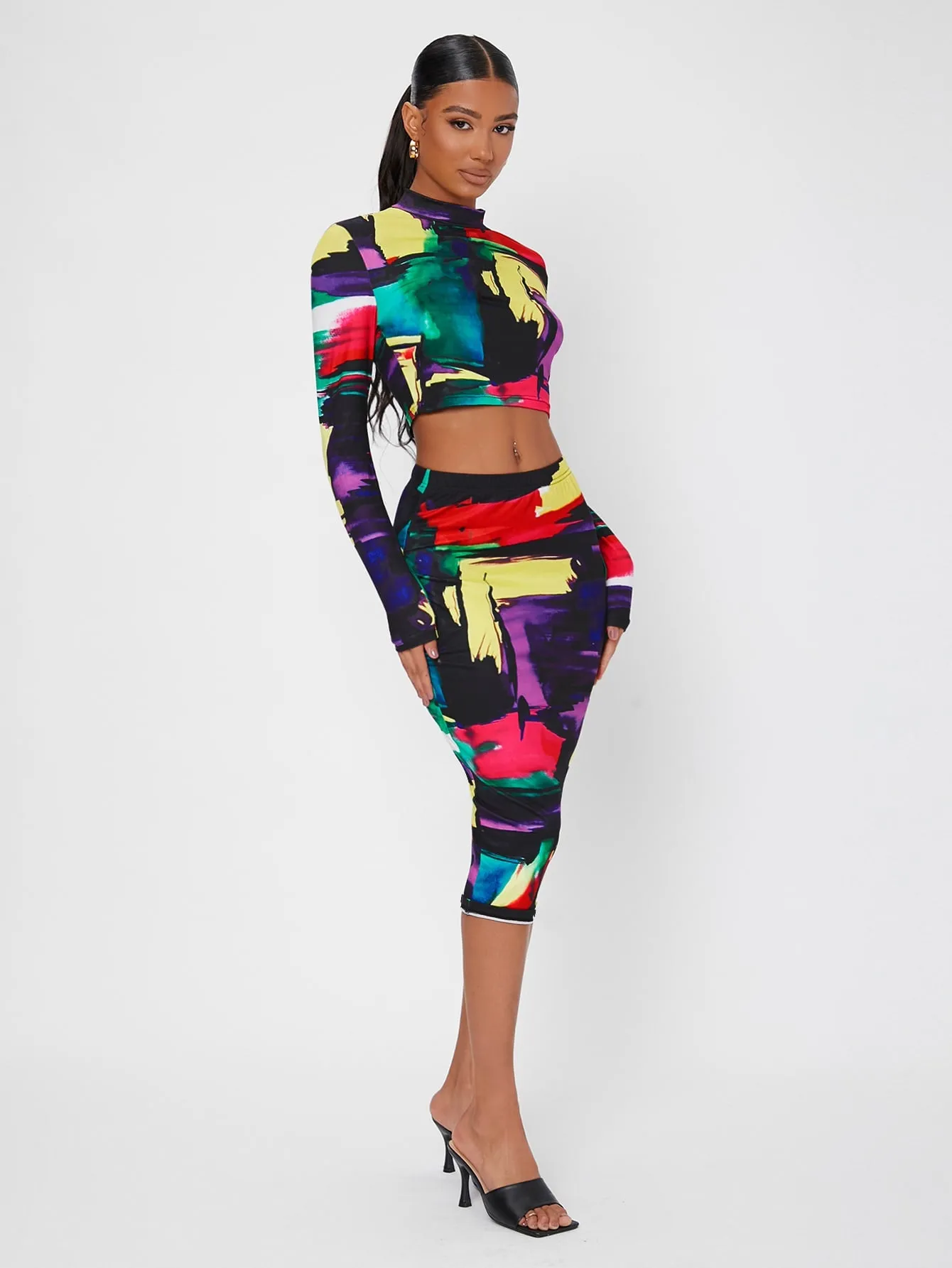 Elegant Graphic Long Sleeve Stand Collar Women Two-Piece Outfits
