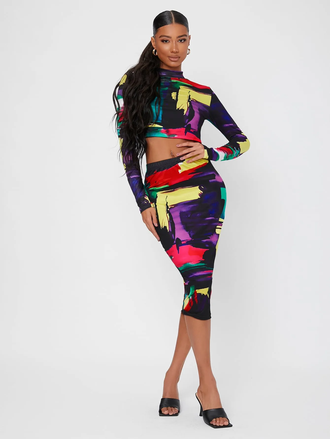 Elegant Graphic Long Sleeve Stand Collar Women Two-Piece Outfits
