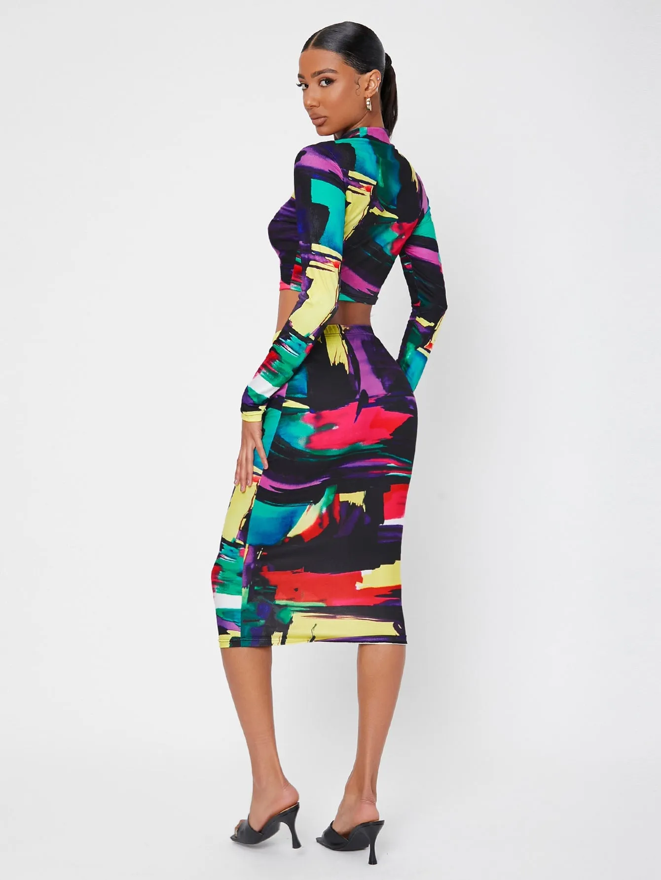 Elegant Graphic Long Sleeve Stand Collar Women Two-Piece Outfits