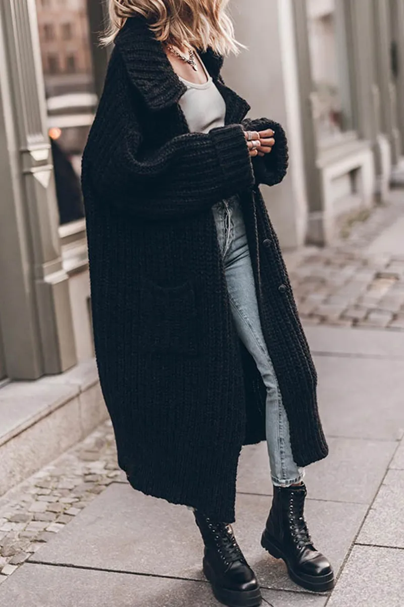 Elegant Solid Pocket Weave Turndown Collar Cardigan Outerwear