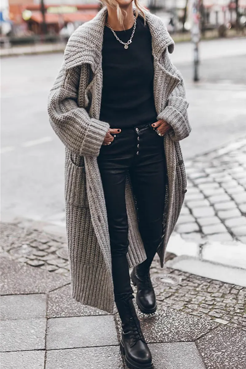 Elegant Solid Pocket Weave Turndown Collar Cardigan Outerwear