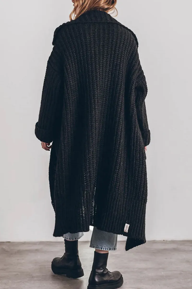 Elegant Solid Pocket Weave Turndown Collar Cardigan Outerwear