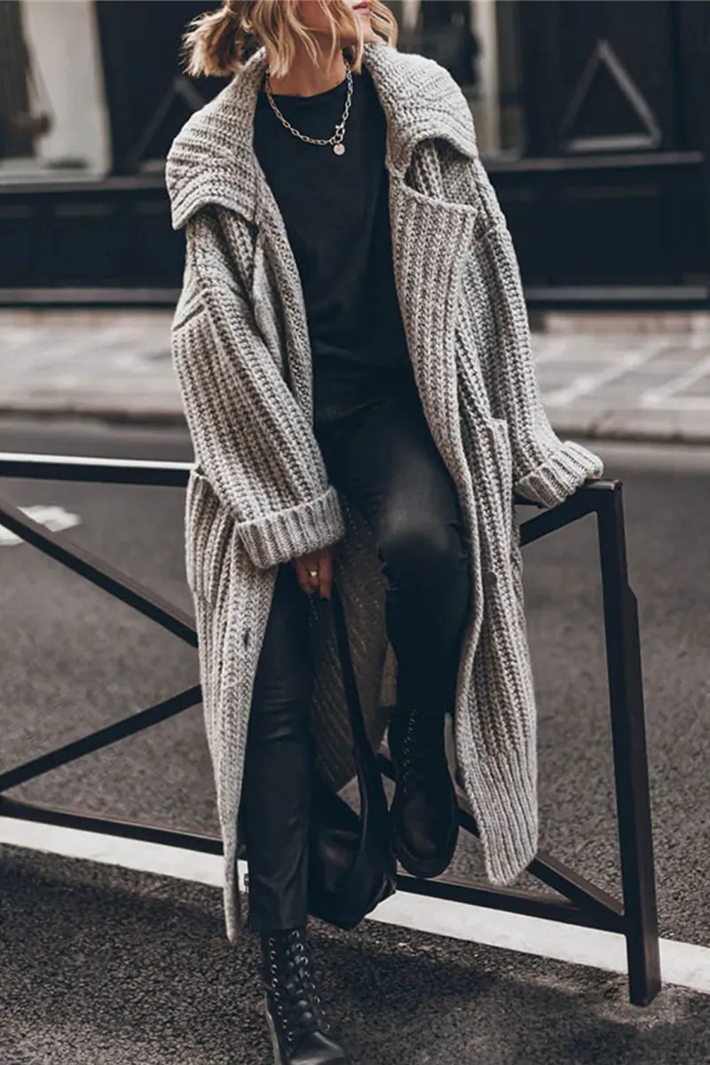 Elegant Solid Pocket Weave Turndown Collar Cardigan Outerwear