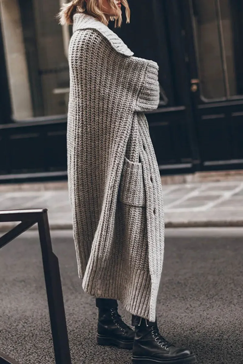 Elegant Solid Pocket Weave Turndown Collar Cardigan Outerwear