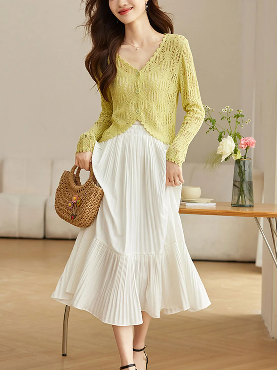 Emma Elegant V-Neck Hollowed Ice Silk Knitted Cardigan