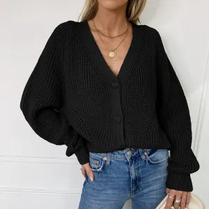 Europe Women Cardigan Solid Colored V-Neck Lantern Sleeve Button Knitted Tops Sweater