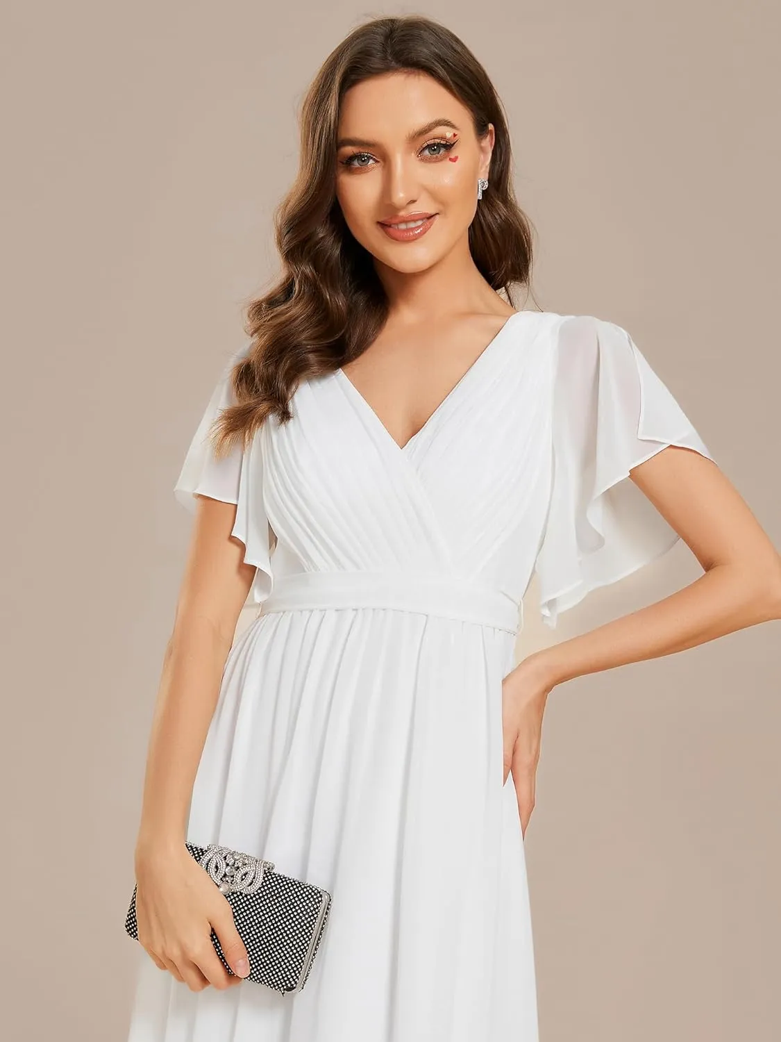 Ever-Pretty Women's Bridesmaid Dress V-Neck Ruffle Sleeves Ruched Bust Floor Length Chiffon Formal Dresses 0164A