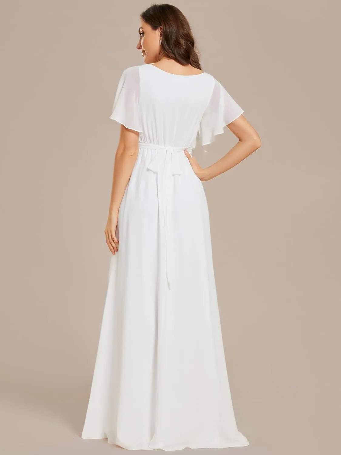 Ever-Pretty Women's Bridesmaid Dress V-Neck Ruffle Sleeves Ruched Bust Floor Length Chiffon Formal Dresses 0164A
