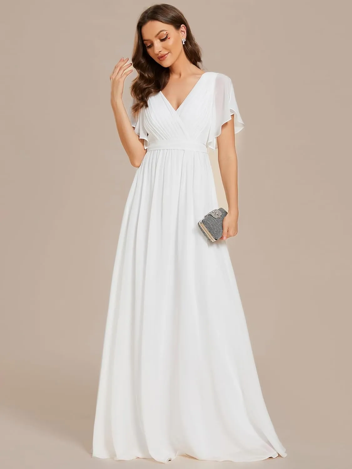 Ever-Pretty Women's Bridesmaid Dress V-Neck Ruffle Sleeves Ruched Bust Floor Length Chiffon Formal Dresses 0164A