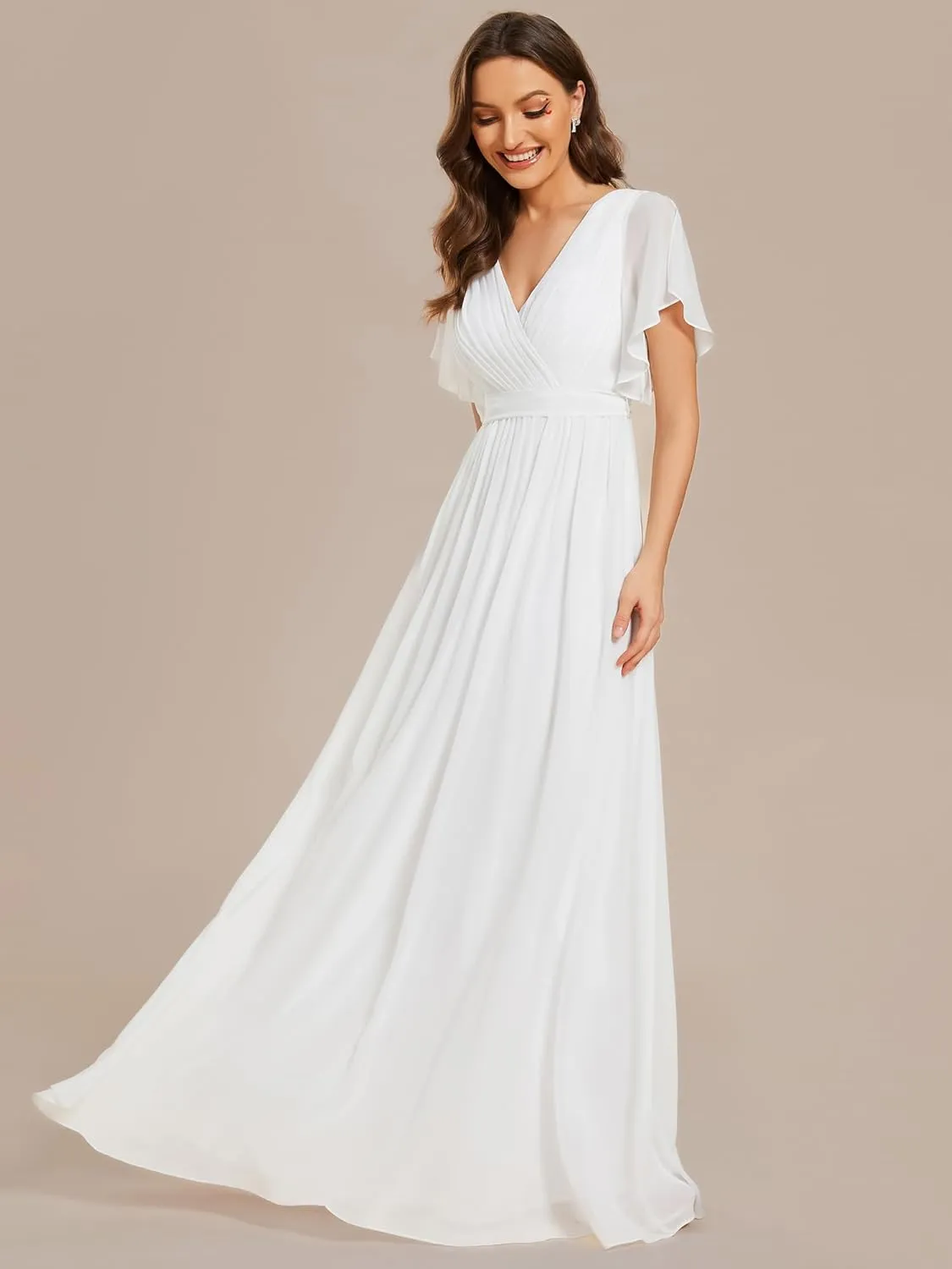 Ever-Pretty Women's Bridesmaid Dress V-Neck Ruffle Sleeves Ruched Bust Floor Length Chiffon Formal Dresses 0164A
