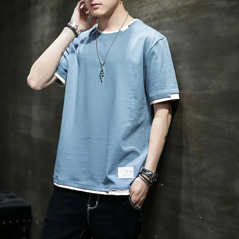 Fake Two Pieces Spliced Pullovers Men's Clothing Solid Color Youthful Vitality Summer All-match Stylish Patch Designs T-shirts