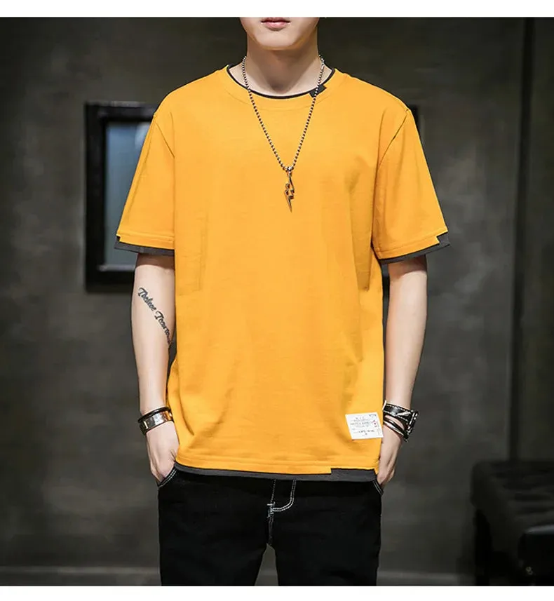Fake Two Pieces Spliced Pullovers Men's Clothing Solid Color Youthful Vitality Summer All-match Stylish Patch Designs T-shirts