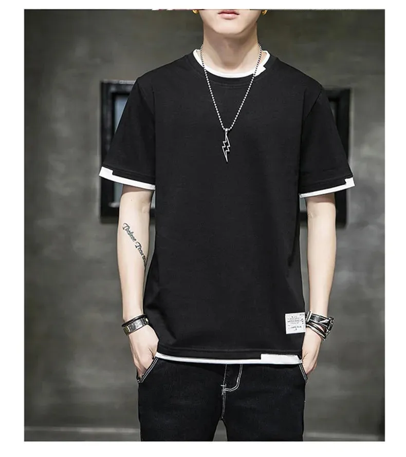 Fake Two Pieces Spliced Pullovers Men's Clothing Solid Color Youthful Vitality Summer All-match Stylish Patch Designs T-shirts
