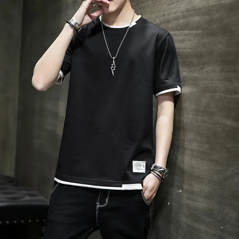 Fake Two Pieces Spliced Pullovers Men's Clothing Solid Color Youthful Vitality Summer All-match Stylish Patch Designs T-shirts