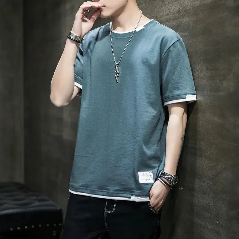 Fake Two Pieces Spliced Pullovers Men's Clothing Solid Color Youthful Vitality Summer All-match Stylish Patch Designs T-shirts
