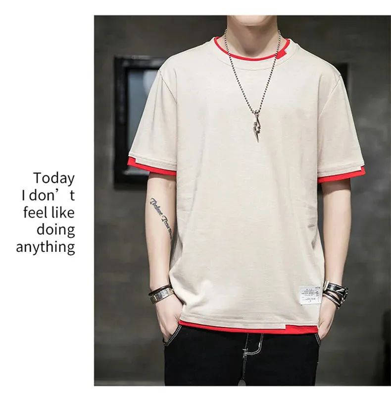 Fake Two Pieces Spliced Pullovers Men's Clothing Solid Color Youthful Vitality Summer All-match Stylish Patch Designs T-shirts