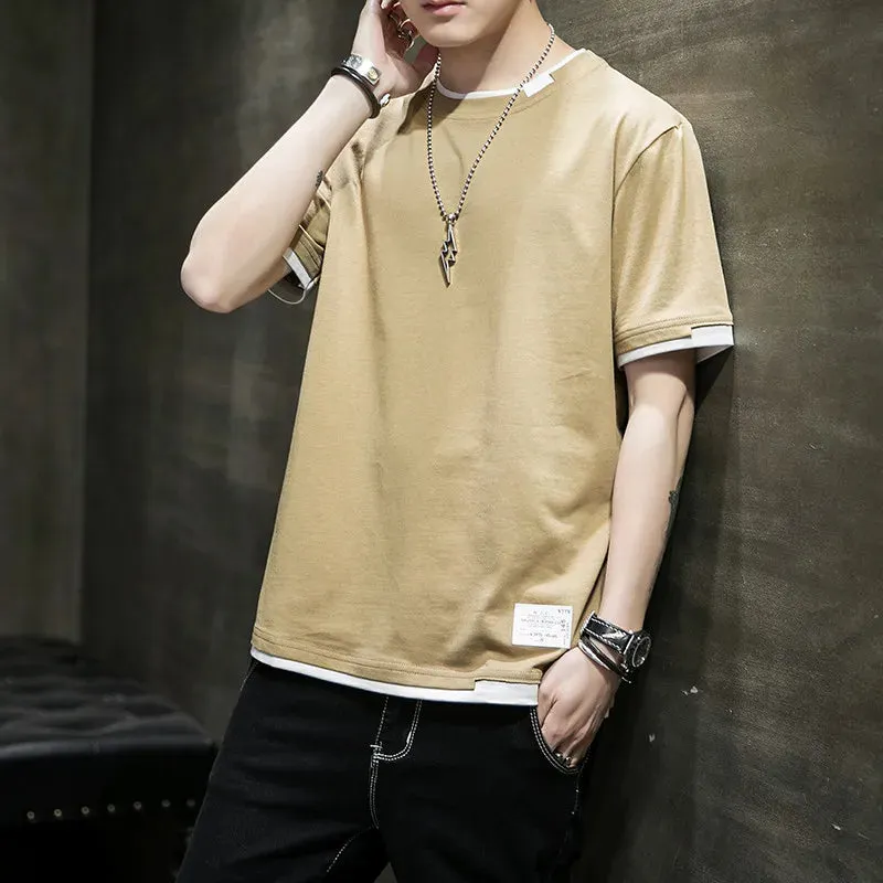 Fake Two Pieces Spliced Pullovers Men's Clothing Solid Color Youthful Vitality Summer All-match Stylish Patch Designs T-shirts