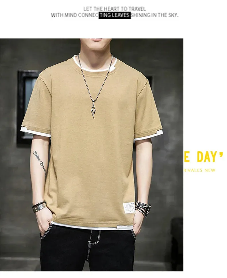 Fake Two Pieces Spliced Pullovers Men's Clothing Solid Color Youthful Vitality Summer All-match Stylish Patch Designs T-shirts