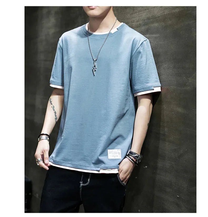Fake Two Pieces Spliced Pullovers Men's Clothing Solid Color Youthful Vitality Summer All-match Stylish Patch Designs T-shirts