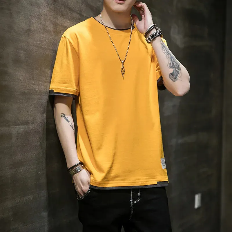 Fake Two Pieces Spliced Pullovers Men's Clothing Solid Color Youthful Vitality Summer All-match Stylish Patch Designs T-shirts