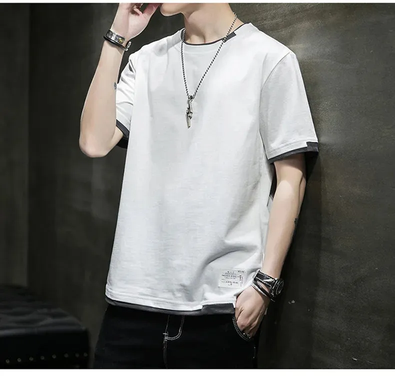 Fake Two Pieces Spliced Pullovers Men's Clothing Solid Color Youthful Vitality Summer All-match Stylish Patch Designs T-shirts