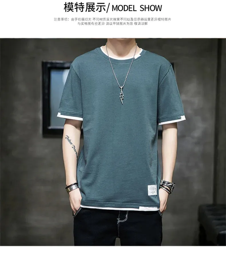 Fake Two Pieces Spliced Pullovers Men's Clothing Solid Color Youthful Vitality Summer All-match Stylish Patch Designs T-shirts