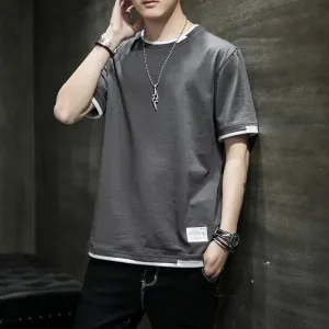 Fake Two Pieces Spliced Pullovers Men's Clothing Solid Color Youthful Vitality Summer All-match Stylish Patch Designs T-shirts