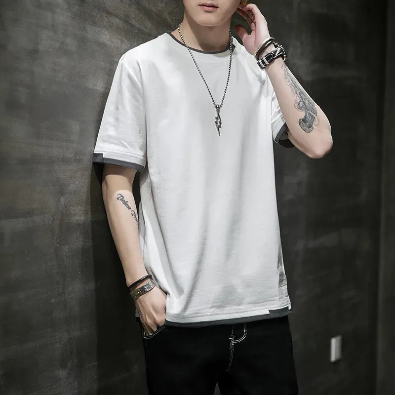 Fake Two Pieces Spliced Pullovers Men's Clothing Solid Color Youthful Vitality Summer All-match Stylish Patch Designs T-shirts