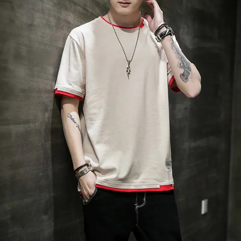 Fake Two Pieces Spliced Pullovers Men's Clothing Solid Color Youthful Vitality Summer All-match Stylish Patch Designs T-shirts