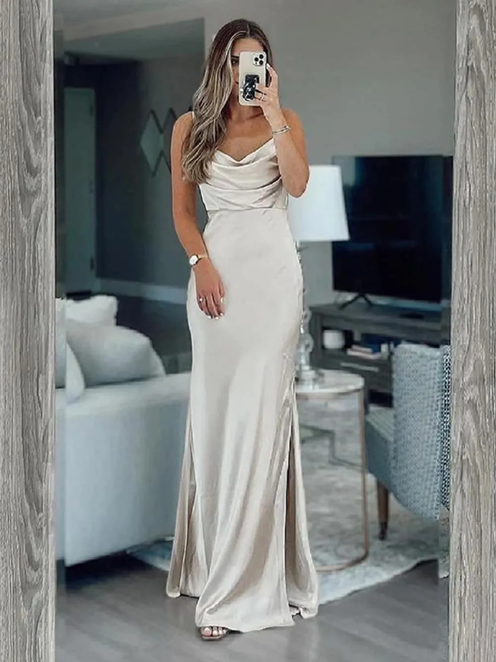 Fanciest Satin Bridesmaid Dresses for Wedding with Slit Long Cowl Neck Spaghetti Straps Formal Dresses