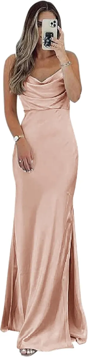 Fanciest Satin Bridesmaid Dresses for Wedding with Slit Long Cowl Neck Spaghetti Straps Formal Dresses