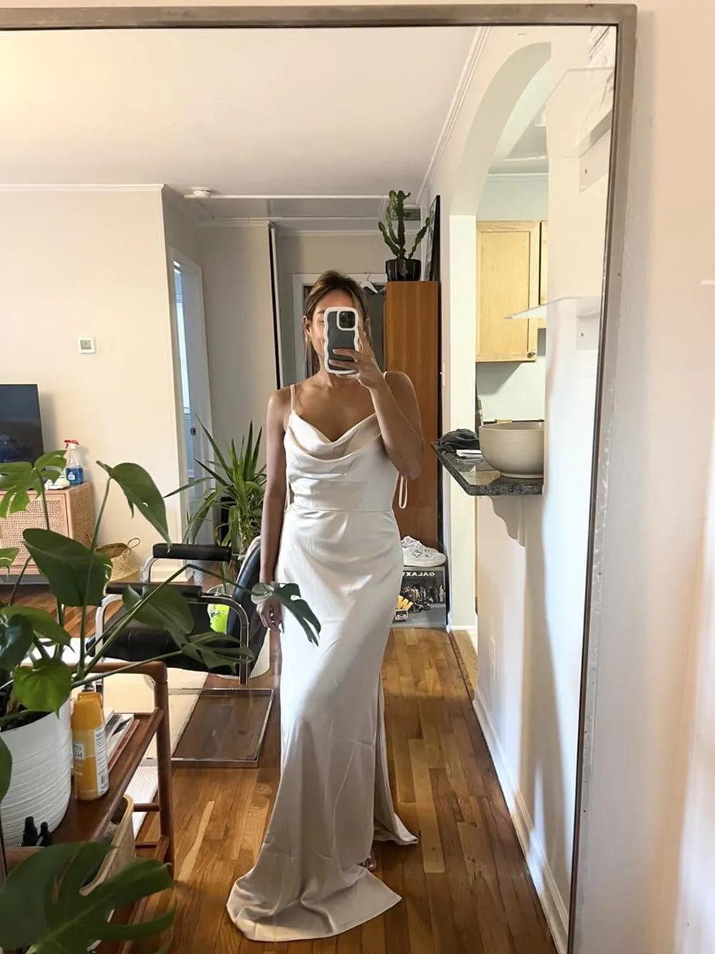 Fanciest Satin Bridesmaid Dresses for Wedding with Slit Long Cowl Neck Spaghetti Straps Formal Dresses