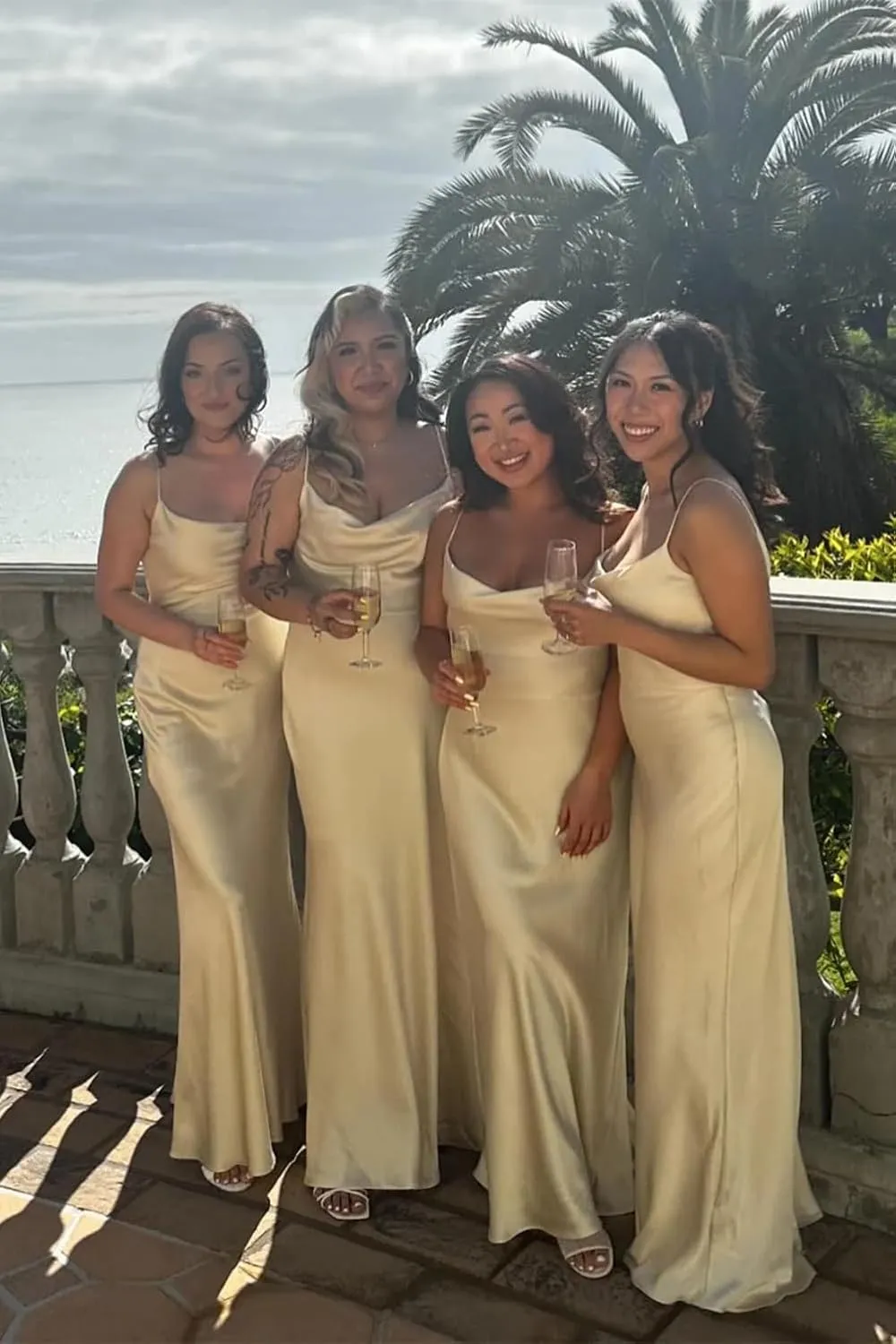 Fanciest Satin Bridesmaid Dresses for Wedding with Slit Long Cowl Neck Spaghetti Straps Formal Dresses