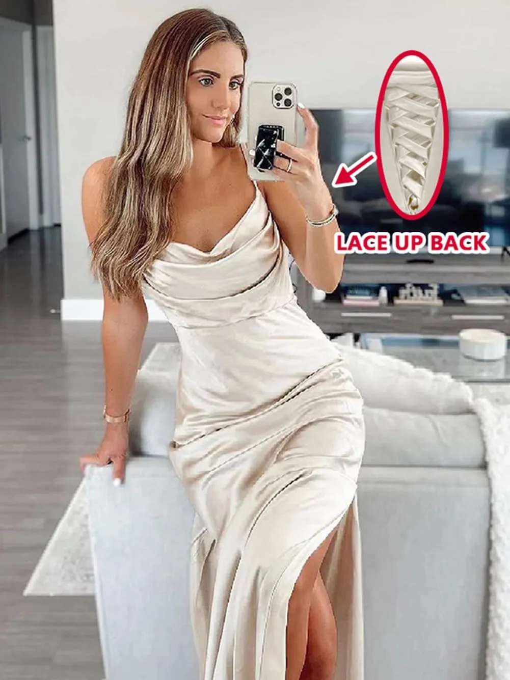 Fanciest Satin Bridesmaid Dresses for Wedding with Slit Long Cowl Neck Spaghetti Straps Formal Dresses
