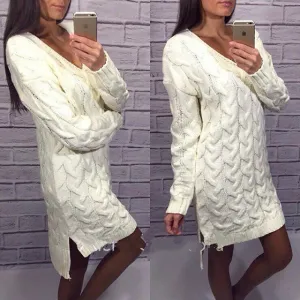 Fashion Dip Hem Braid Knitting Long Sweater