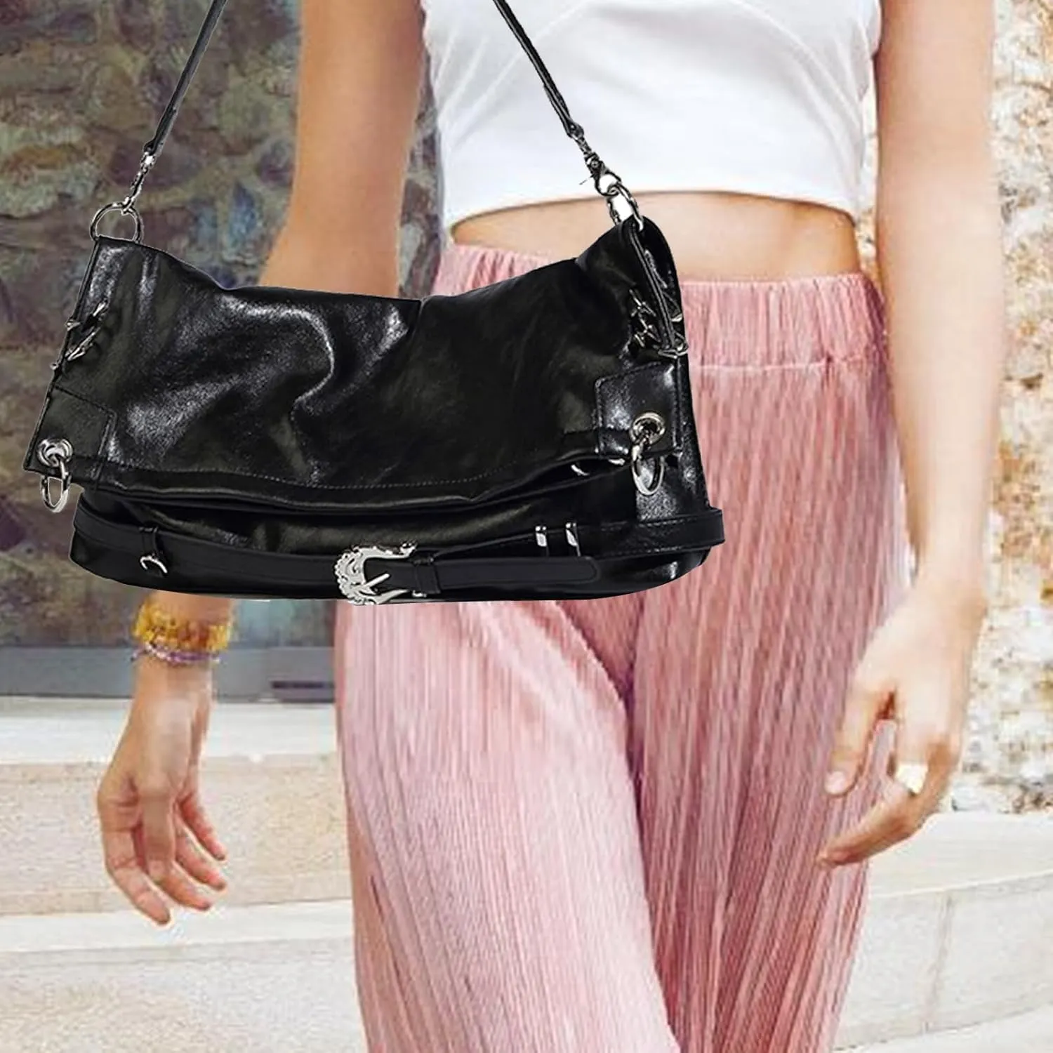 Fashionable Underarm Bag PU Leather Shoulder Bags Casual Satchel Trendy Armpit Purse Evening Bag for Women Girls