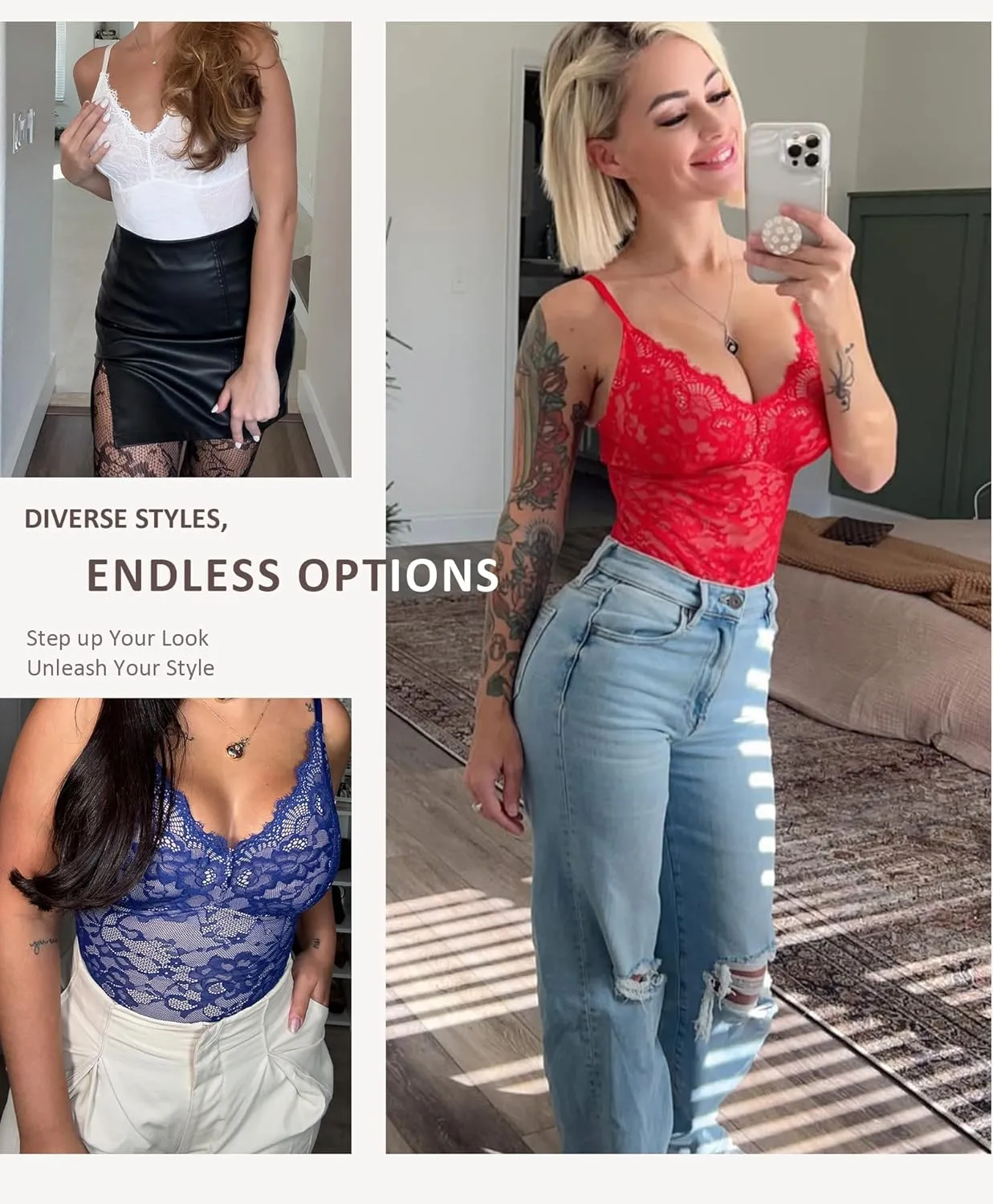 FeelinGirl Shapewear Bodysuits for Women Lace Shapewear Tummy Control V-Neck Sleeveless Bodysuit Tops Jumpsuit