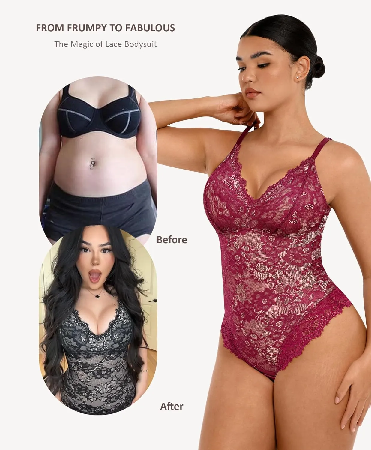 FeelinGirl Shapewear Bodysuits for Women Lace Shapewear Tummy Control V-Neck Sleeveless Bodysuit Tops Jumpsuit