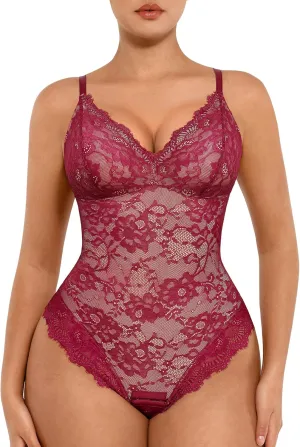 FeelinGirl Shapewear Bodysuits for Women Lace Shapewear Tummy Control V-Neck Sleeveless Bodysuit Tops Jumpsuit