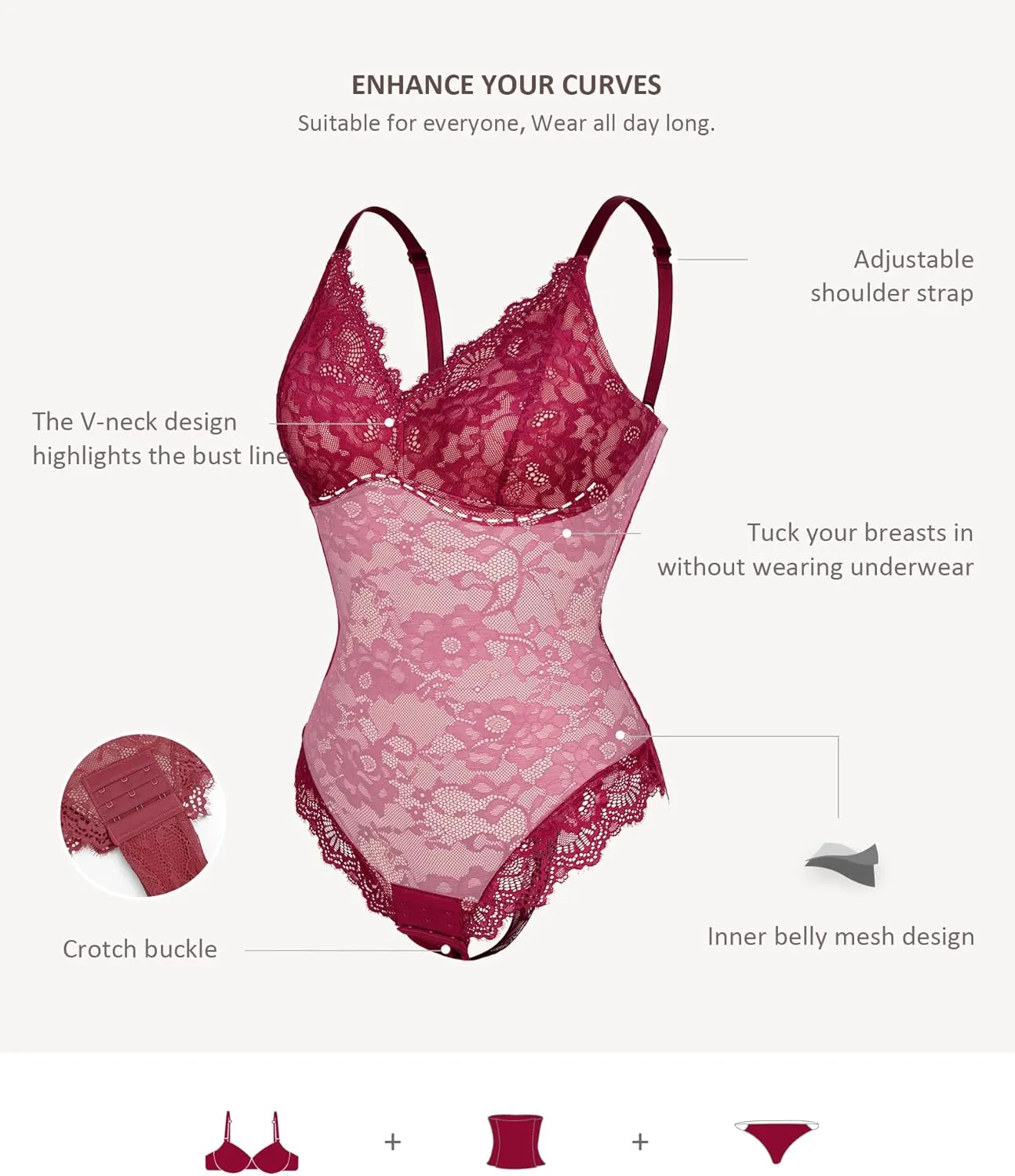 FeelinGirl Shapewear Bodysuits for Women Lace Shapewear Tummy Control V-Neck Sleeveless Bodysuit Tops Jumpsuit